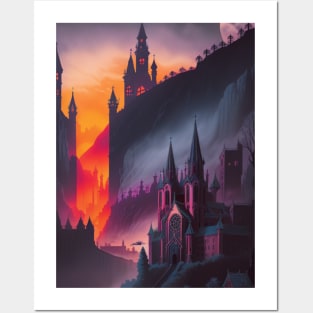 Spooky Halloween Castle and Chapel - AI Gen Scenery Art Sticker Posters and Art